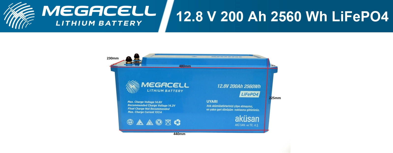 Megacell Lityum Demir Fosfat Akü 12.8 V 200 Ah LiFePO4 2560 Wh