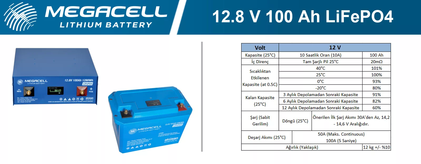 Megacell Lityum Demir Fosfat Akü 12.8 V 100 Ah LiFePO4