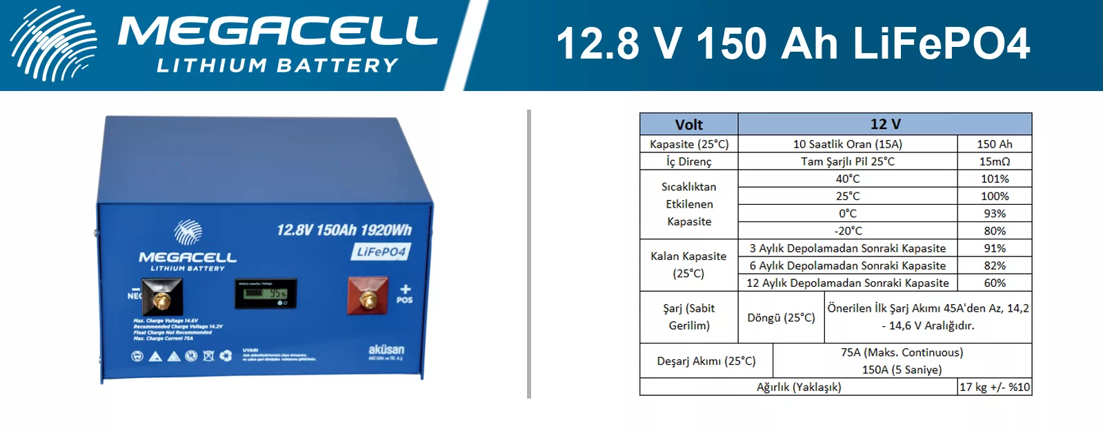 Megacell Lityum Demir Fosfat Akü 12.8 V 150 Ah LiFePO4