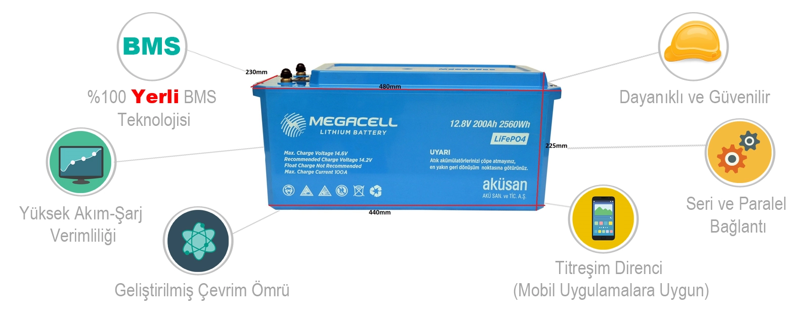 Megacell Lityum Demir Fosfat Akü 12.8 V 200 Ah LiFePO4