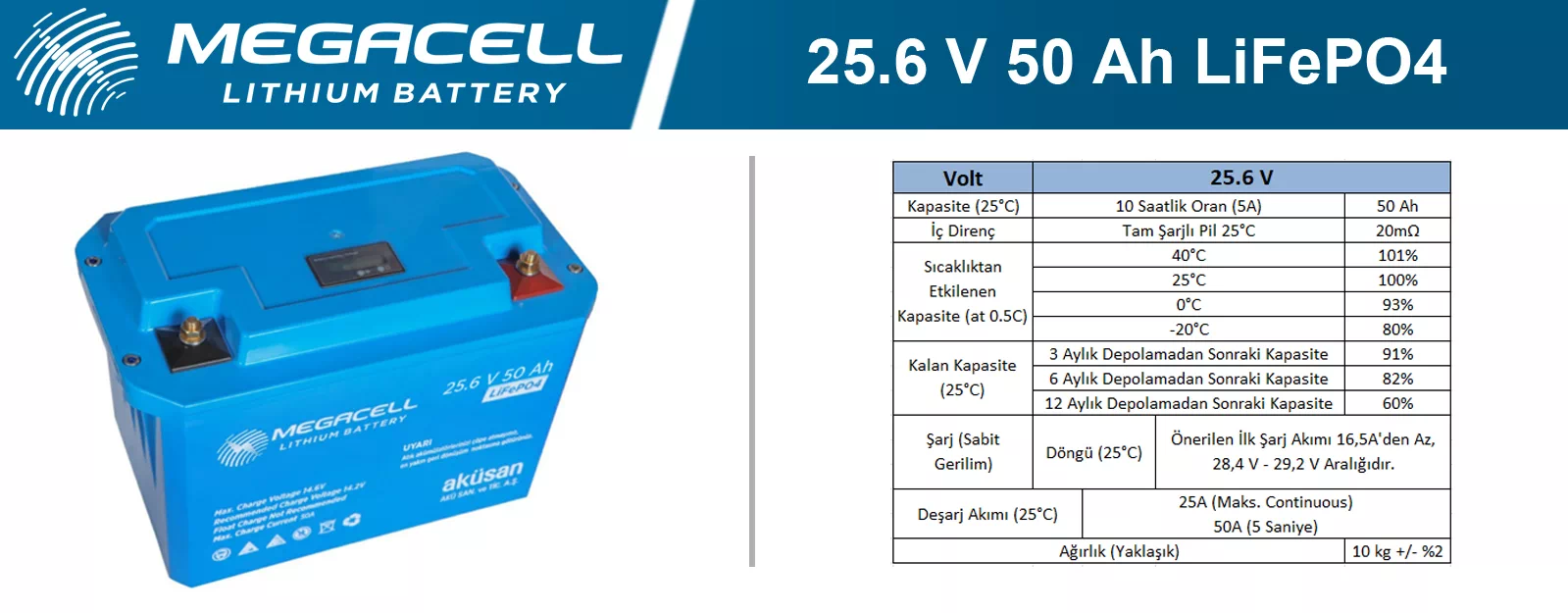 Megacell Lityum Demir Fosfat Akü 25.6 V 50 Ah LiFePO4