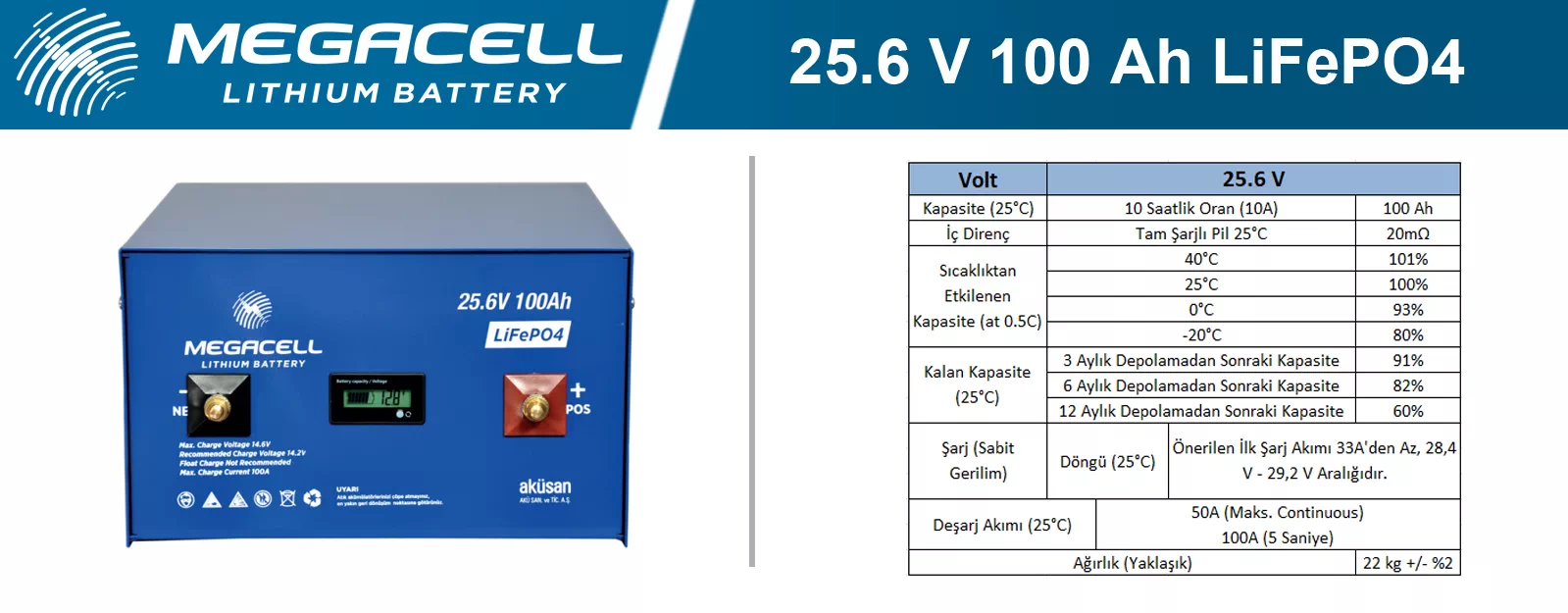 Megacell Lityum Demir Fosfat Akü 25.6 V 100 Ah LiFePO4 2560 Wh