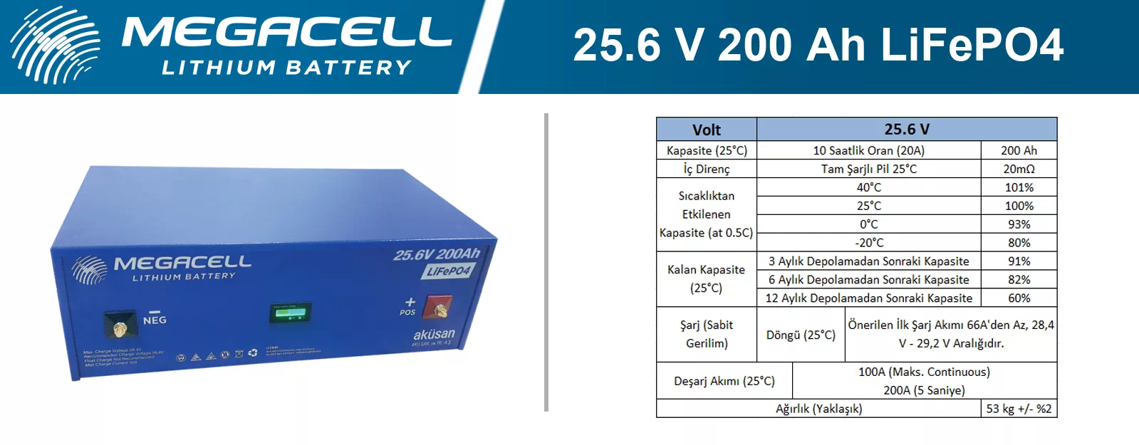 Megacell Lityum Demir Fosfat Akü 25.6 V 200 Ah LiFePO4