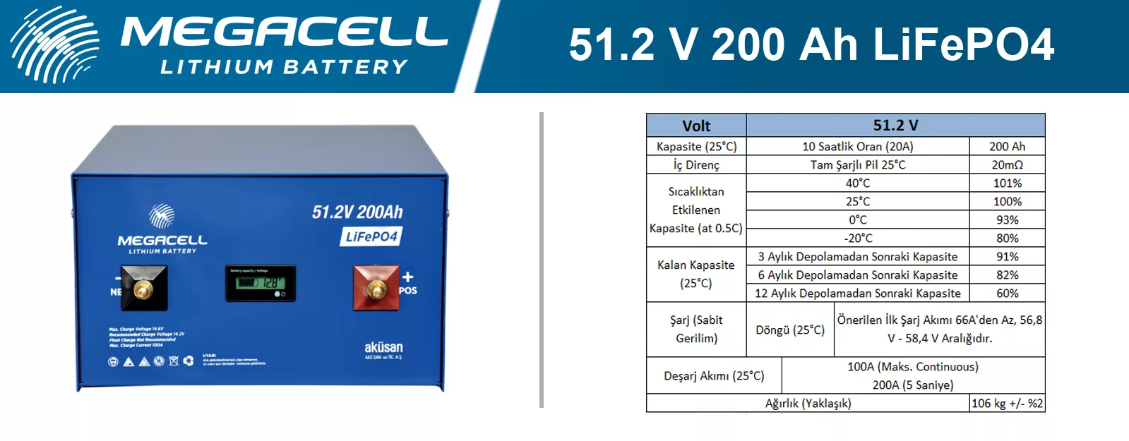 Megacell Lityum Demir Fosfat Akü 51.2 V 200 Ah LiFePO4